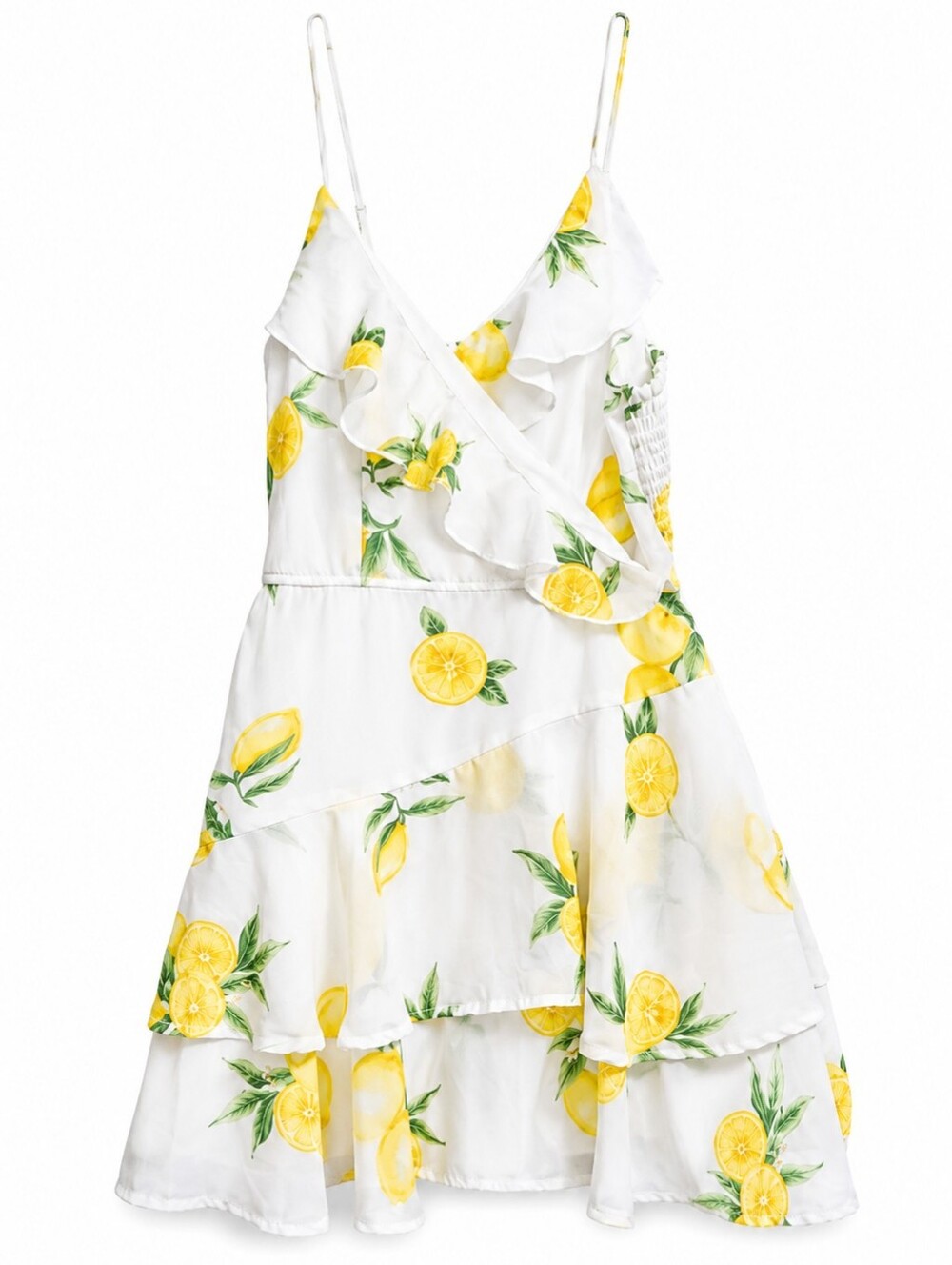 Women’s Lemon Print Ruffle Mini Romper Dress White Yellow Floral Wrap Style